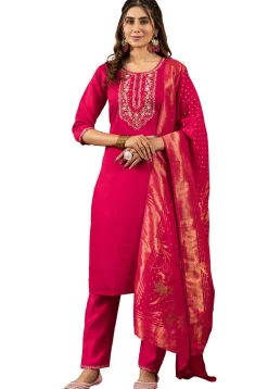 Embroidered Art Silk Pakistani Suit in Fuchsia