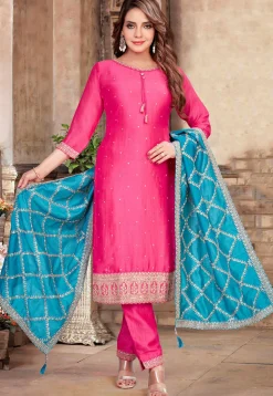 Embroidered Art Silk Pakistani Suit in Pink