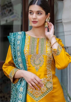 Embroidered Art Silk Pakistani Suit in Mustard