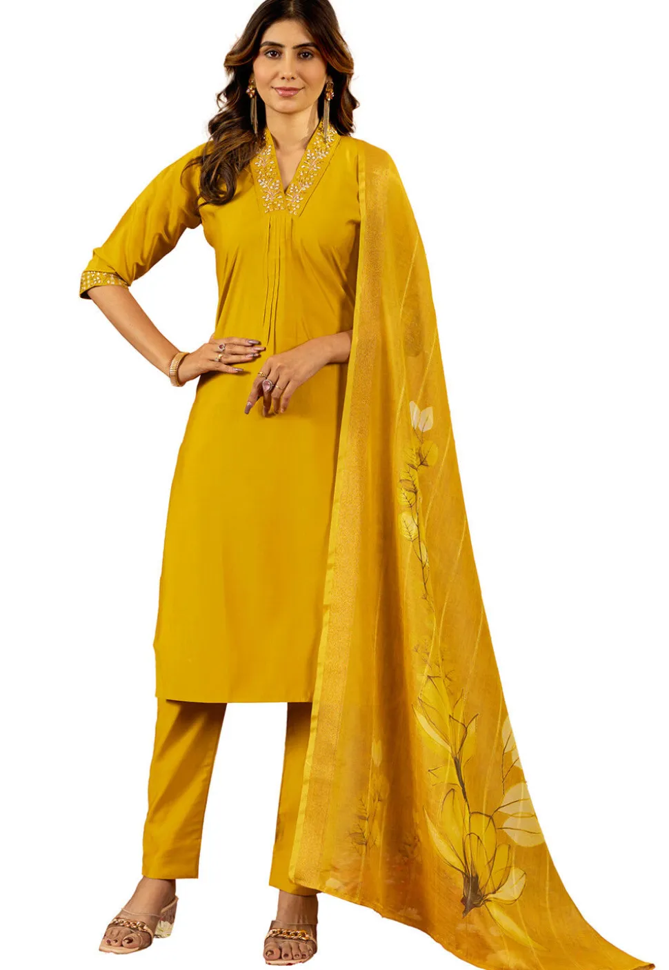 Embroidered Art Silk Pakistani Suit in Mustard