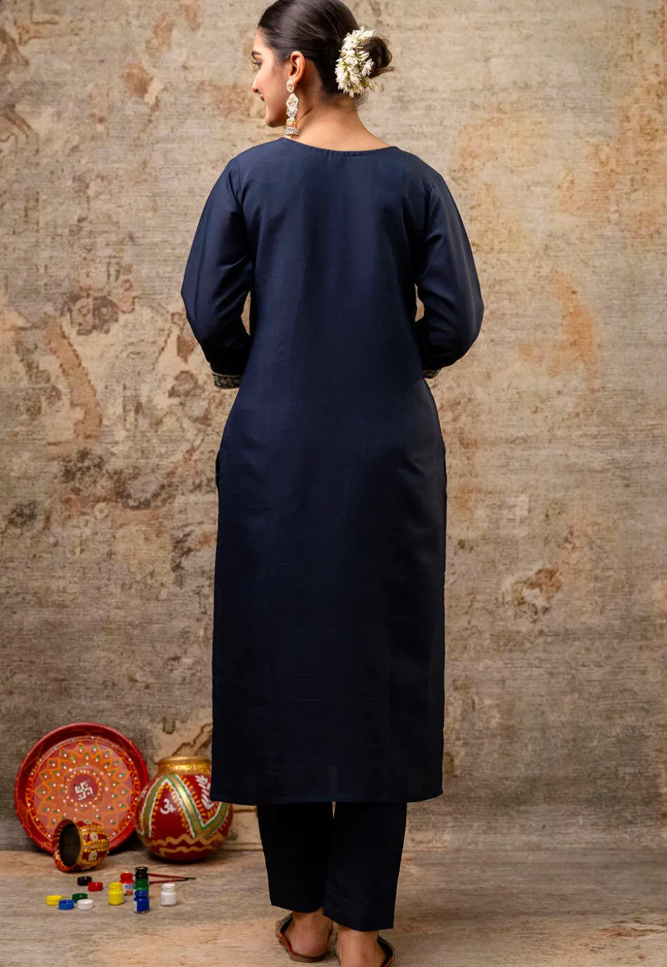 Embroidered Art Silk Pakistani Suit in Navy Blue