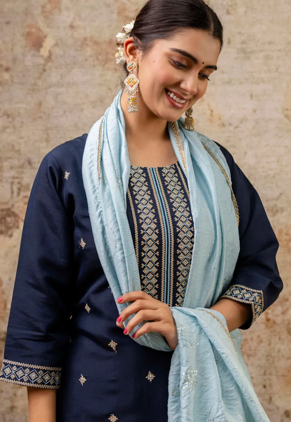 Embroidered Art Silk Pakistani Suit in Navy Blue