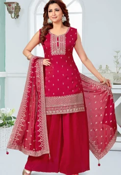Embroidered Art Silk Pakistani Suit in Fuchsia