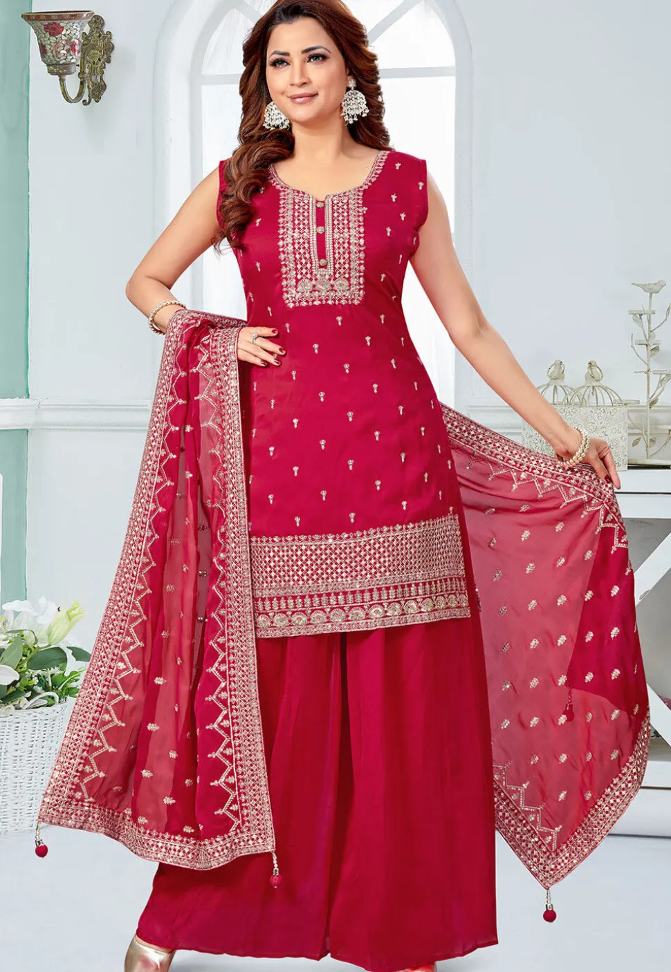 Embroidered Art Silk Pakistani Suit in Fuchsia