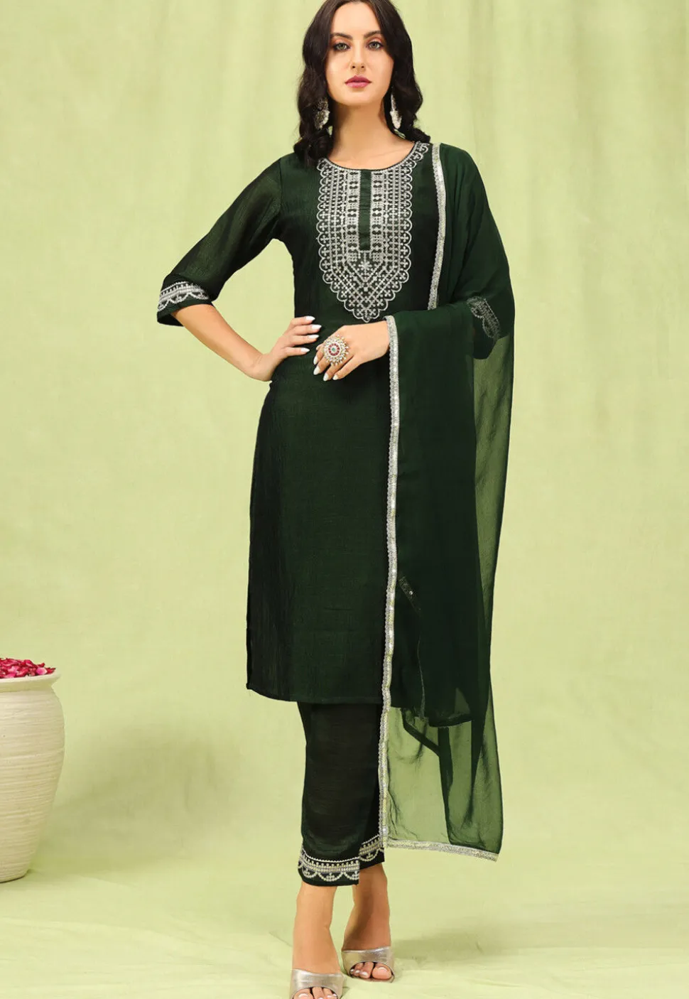 Embroidered Art Silk Pakistani Suit in Dark Green