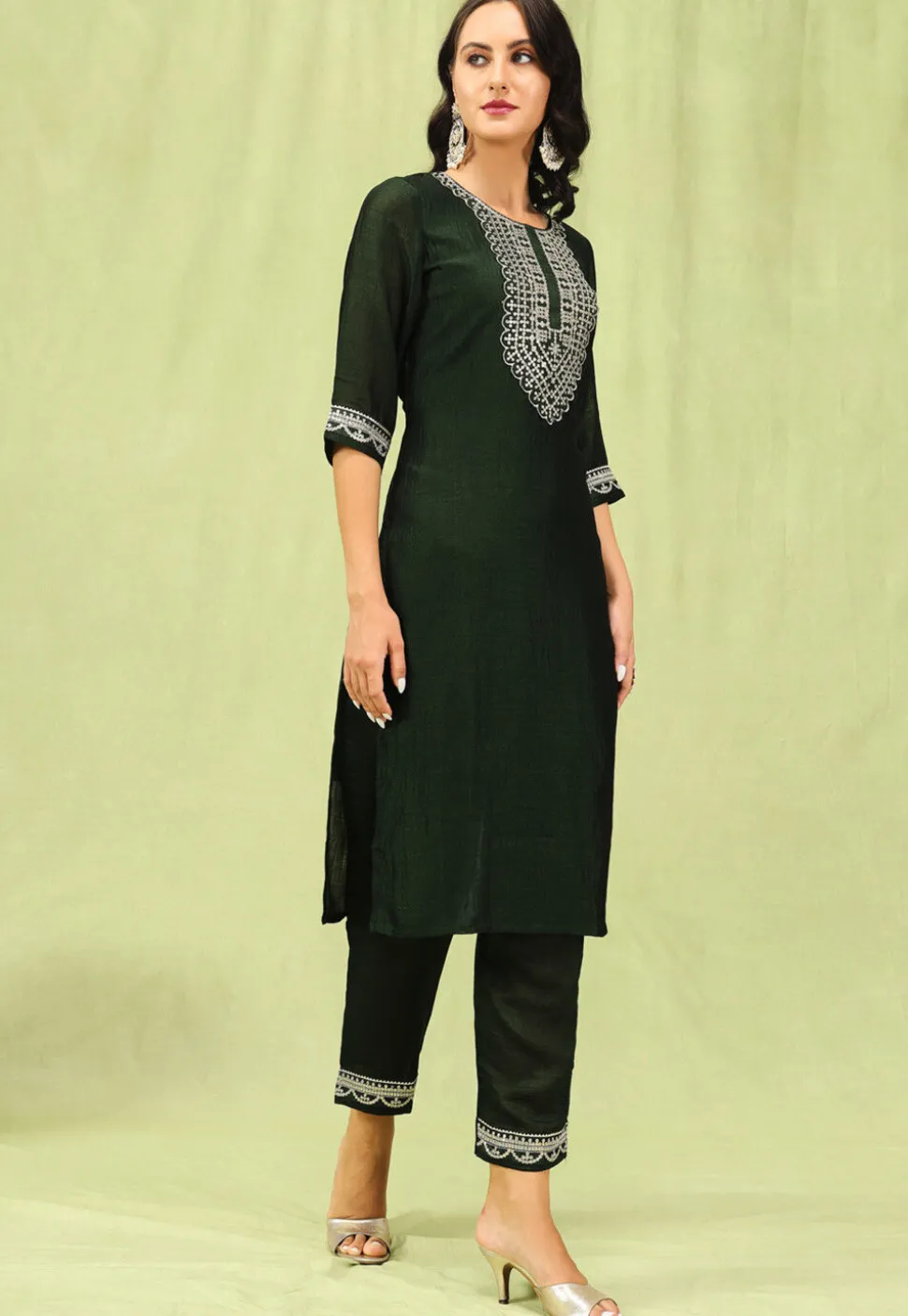 Embroidered Art Silk Pakistani Suit in Dark Green