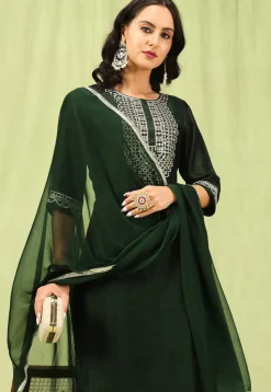 Embroidered Art Silk Pakistani Suit in Dark Green