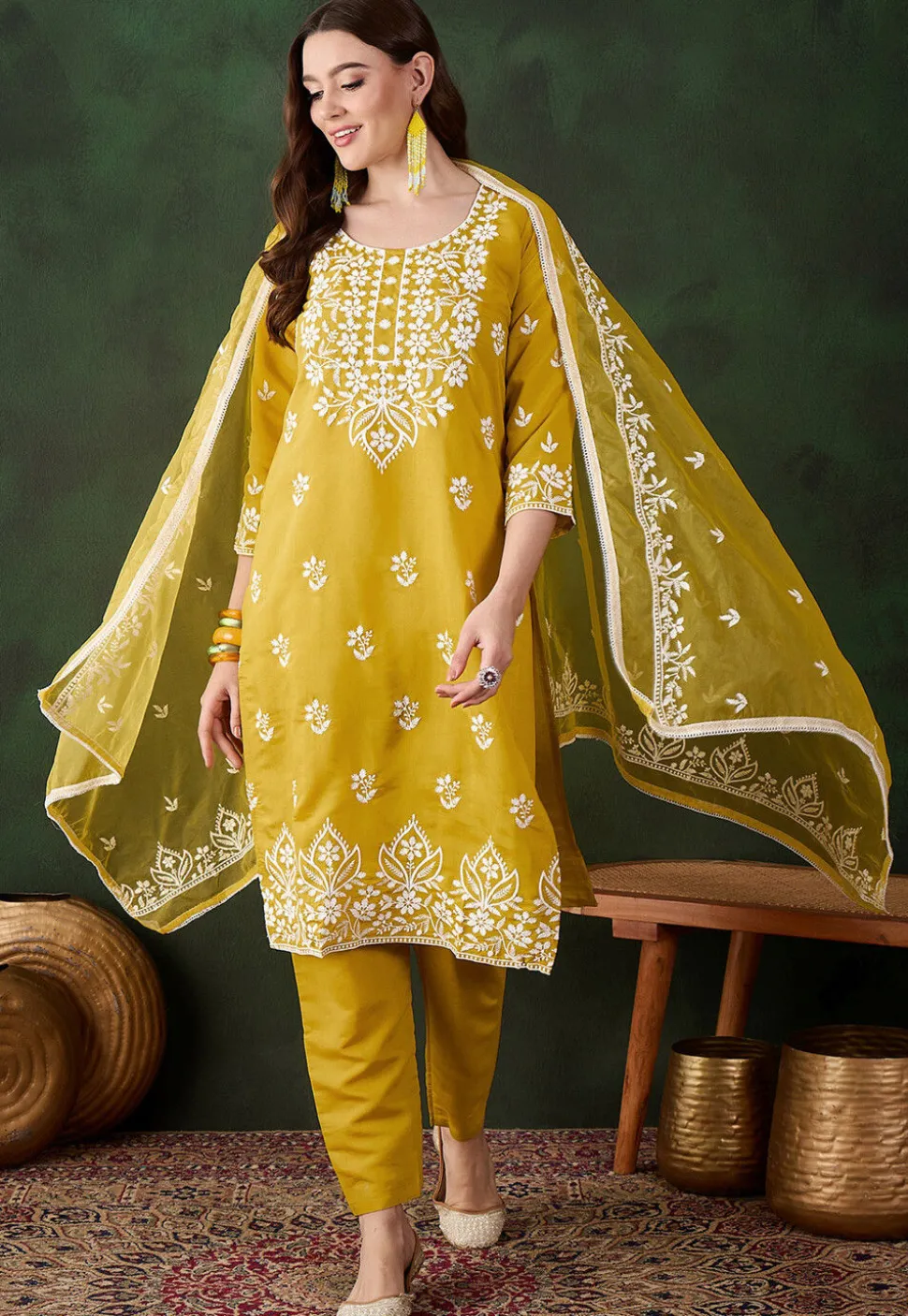 Embroidered Art Silk Pakistani Suit in Mustard