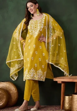 Embroidered Art Silk Pakistani Suit in Mustard