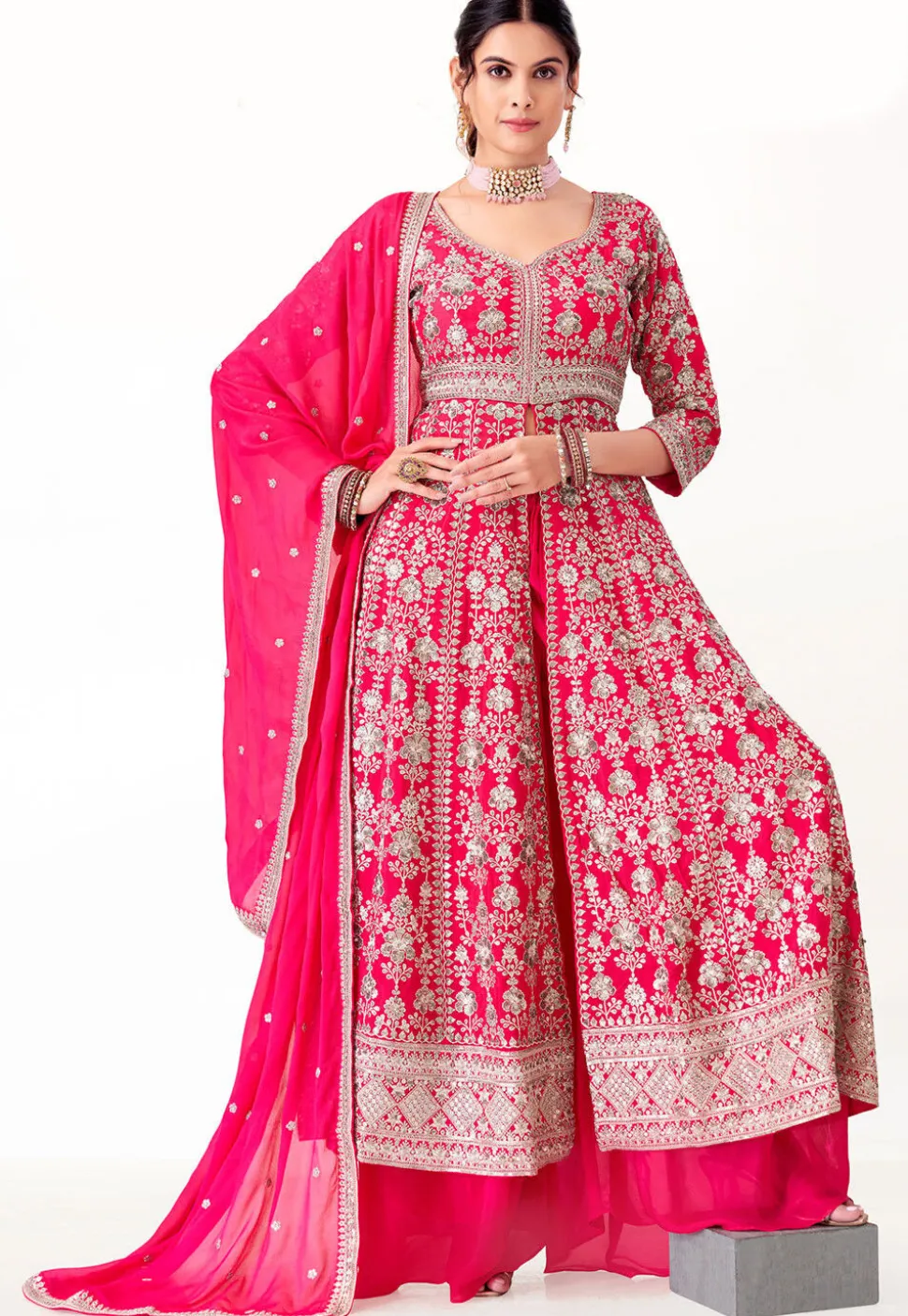 Embroidered Art Silk Pakistani Suit in Fuchsia