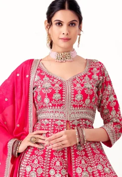 Embroidered Art Silk Pakistani Suit in Fuchsia