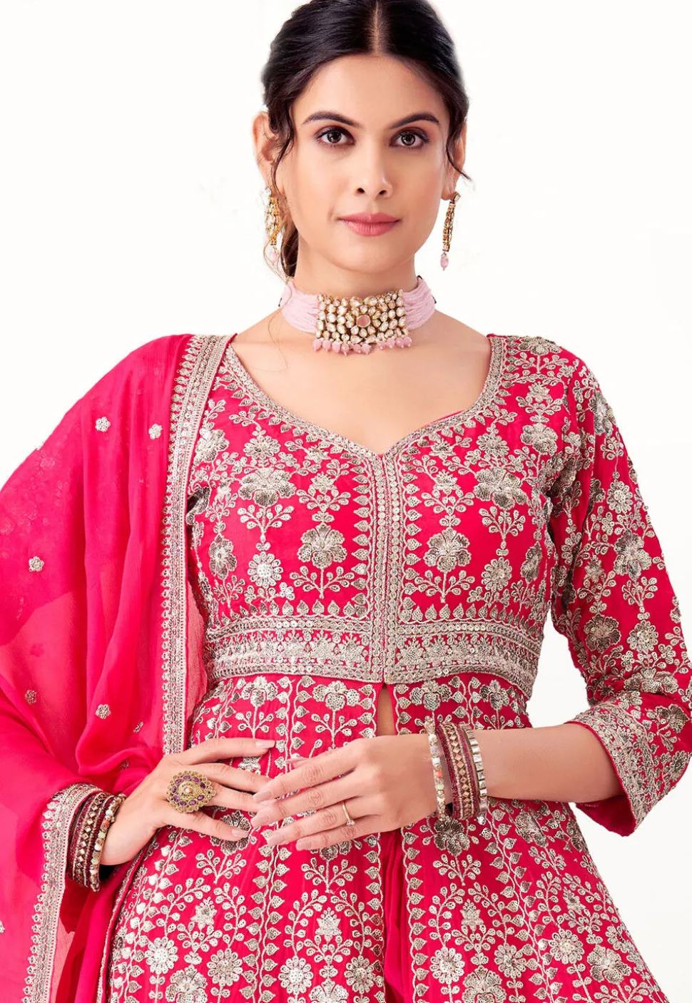 Embroidered Art Silk Pakistani Suit in Fuchsia