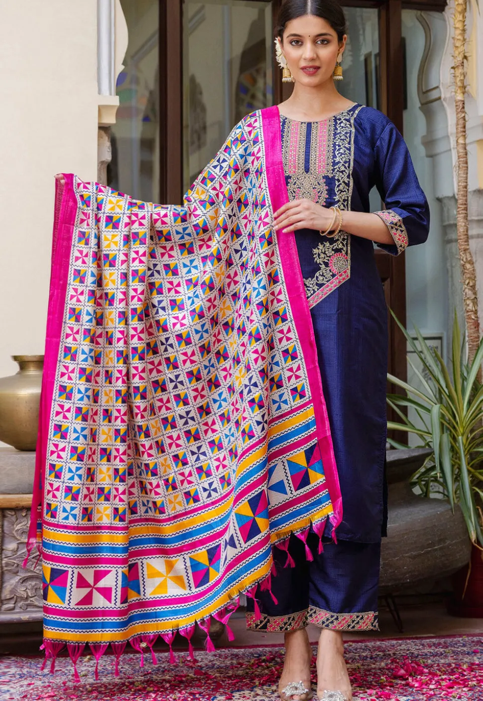 Embroidered Art Silk Pakistani Suit in Navy Blue