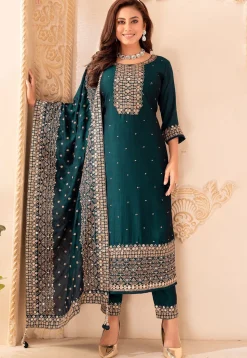 Embroidered Art Silk Pakistani Suit in Teal Green