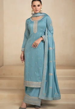 Embroidered Art Silk Pakistani Suit in Light Blue