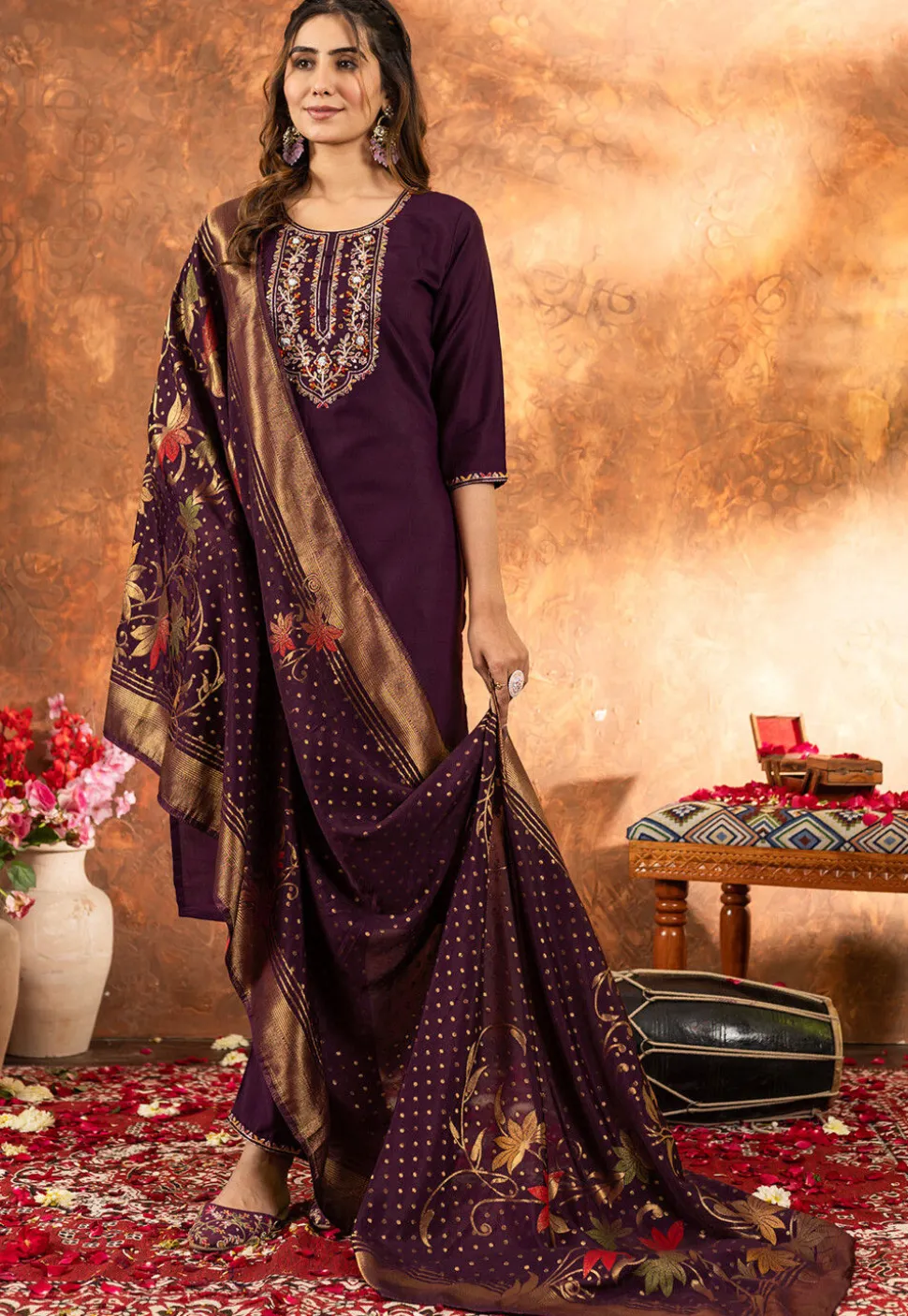 Embroidered Art Silk Pakistani Suit in Purple