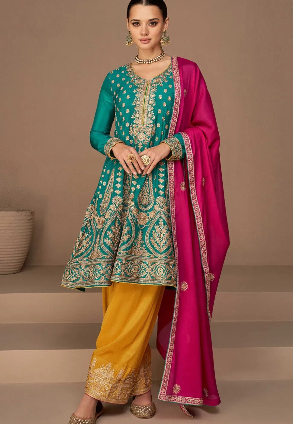 Embroidered Art Silk Pakistani Suit in Teal Blue