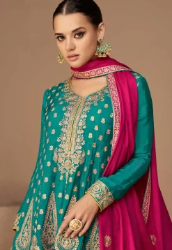 Embroidered Art Silk Pakistani Suit in Teal Blue