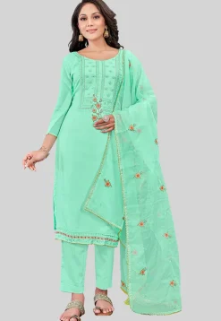 Embroidered Art Silk Pakistani Suit in Sea Green