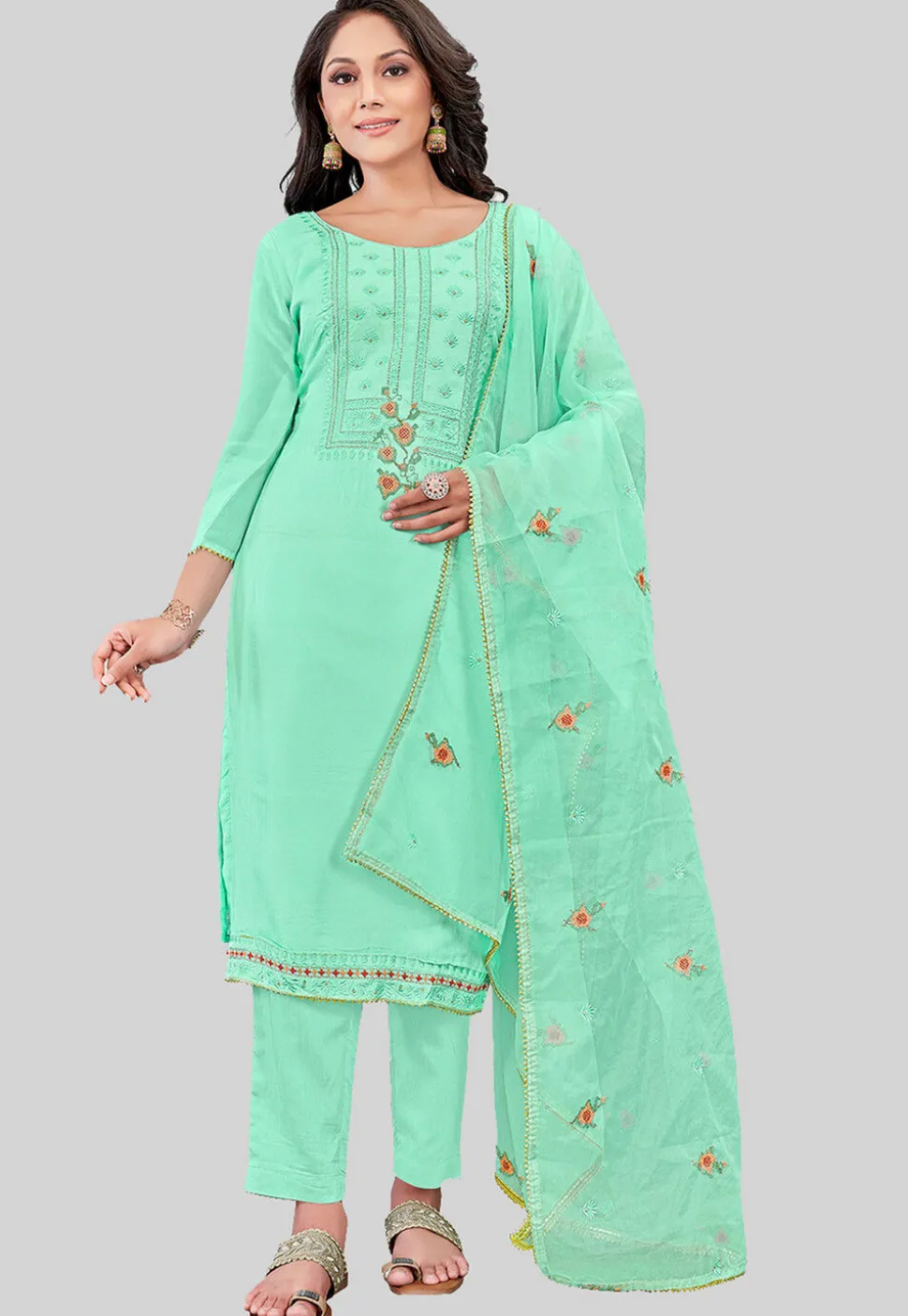 Embroidered Art Silk Pakistani Suit in Sea Green