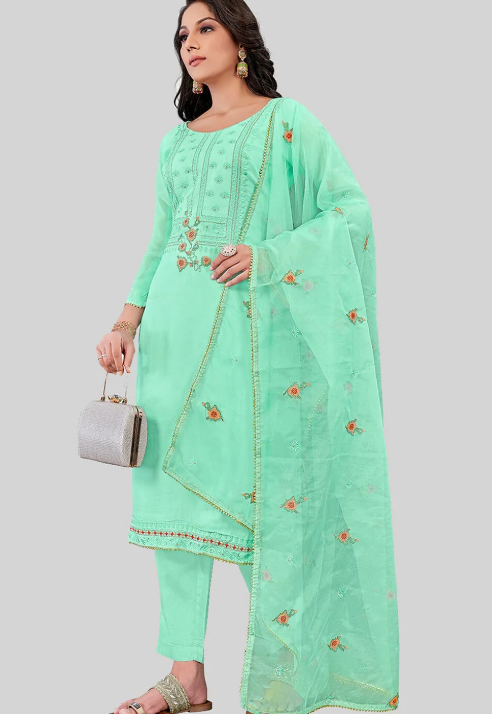 Embroidered Art Silk Pakistani Suit in Sea Green