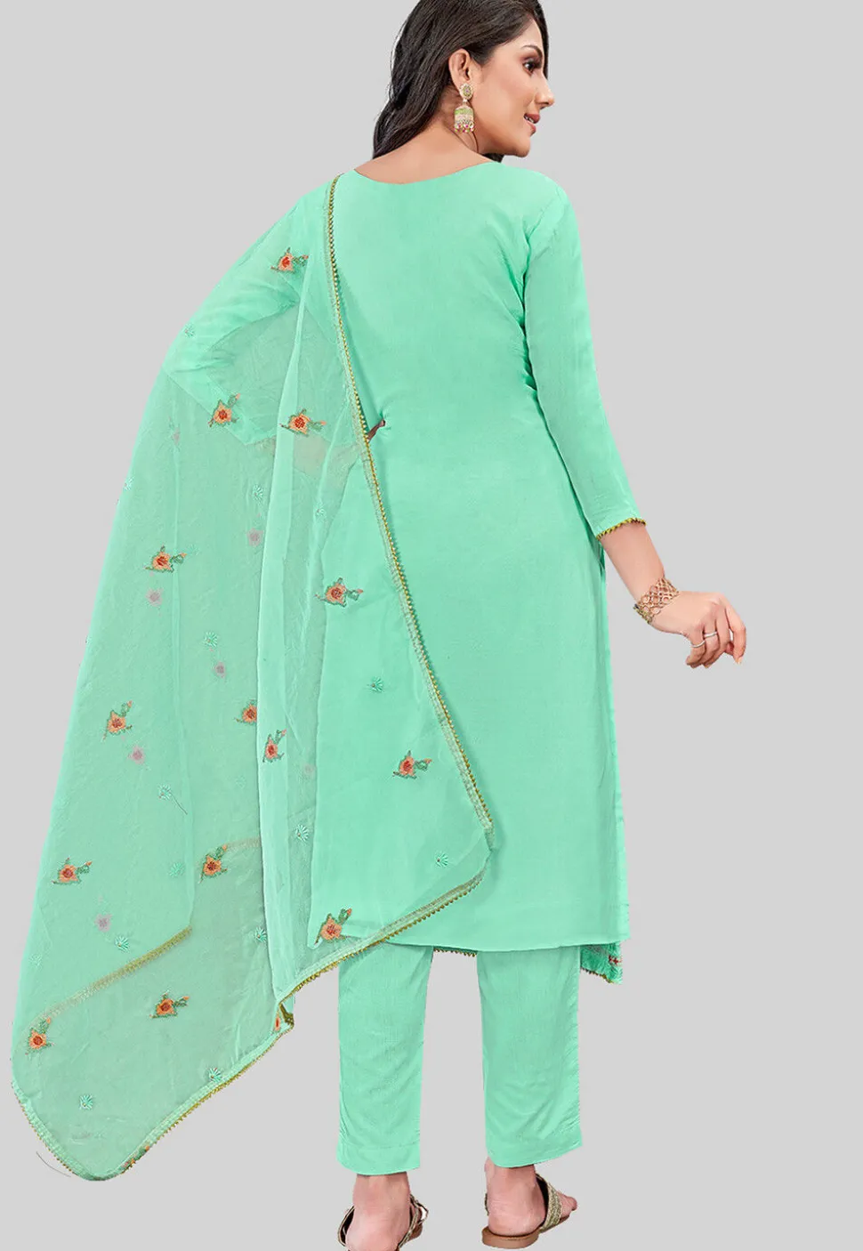 Embroidered Art Silk Pakistani Suit in Sea Green