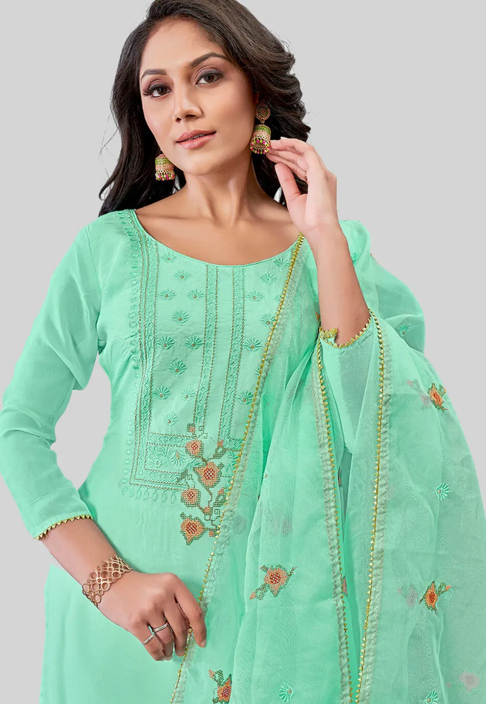Embroidered Art Silk Pakistani Suit in Sea Green