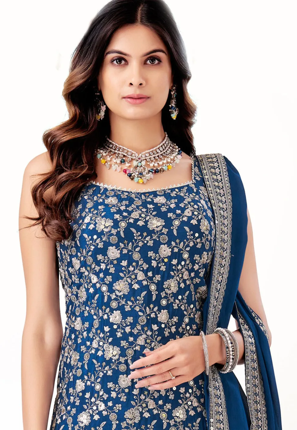 Embroidered Art Silk Pakistani Suit in Teal Blue