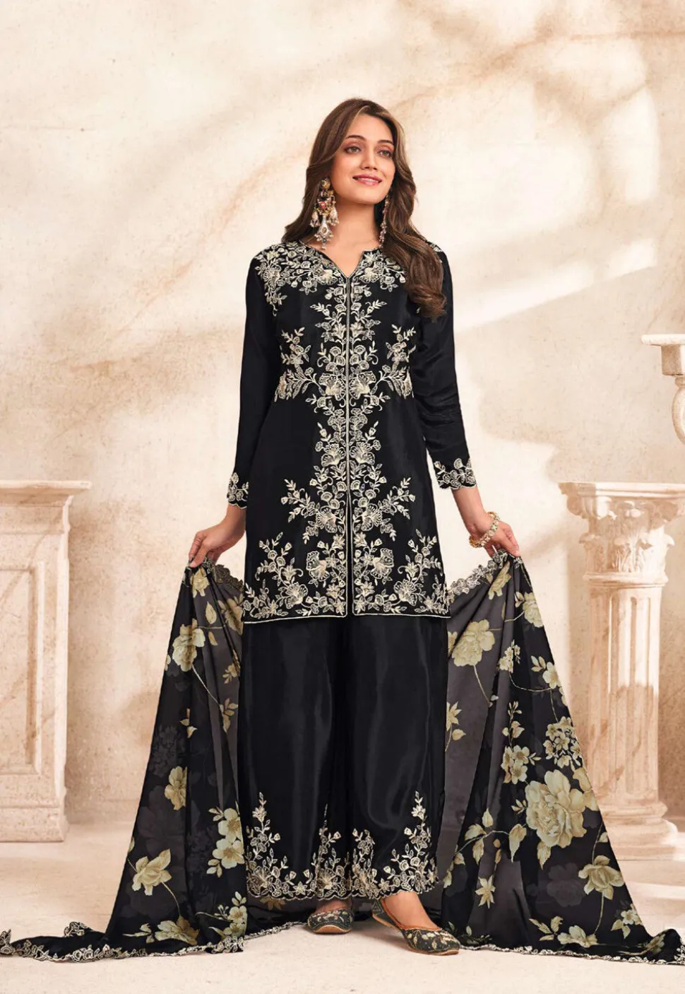 Embroidered Art Silk Pakistani Suit in Black