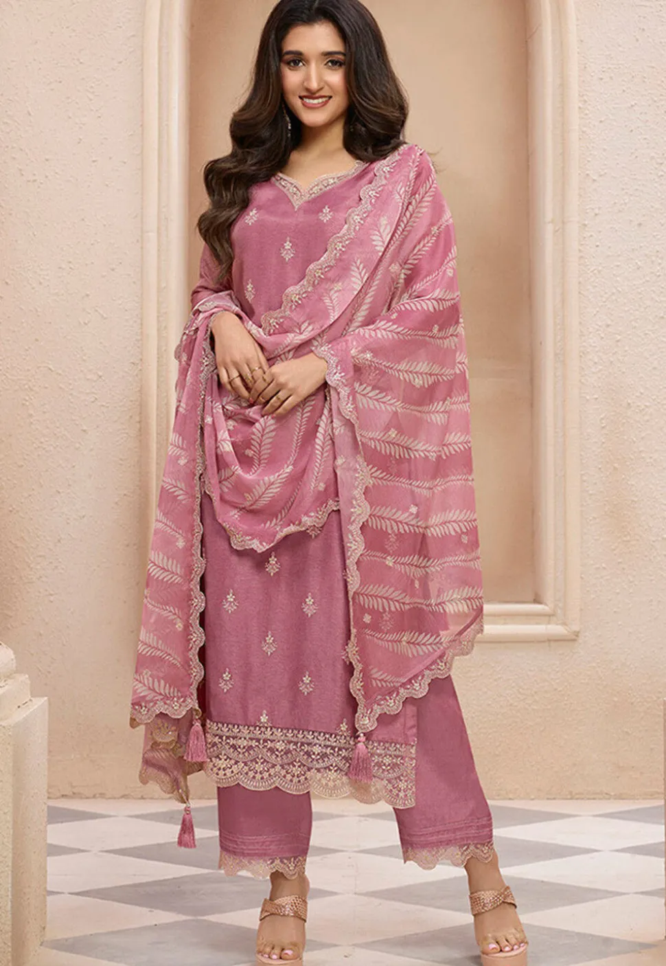 Embroidered Art Silk Pakistani Suit in Pink