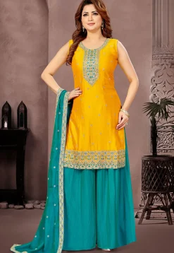 Embroidered Art Silk Pakistani Suit in Mustard