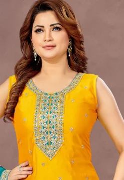 Embroidered Art Silk Pakistani Suit in Mustard