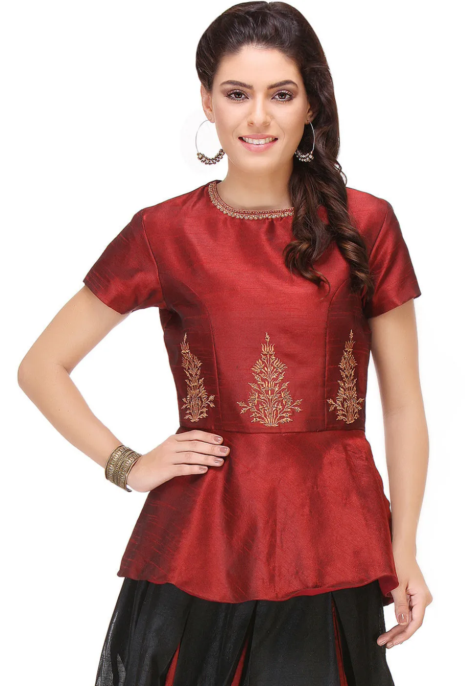 Embroidered Art Silk Peplum Top in Maroon