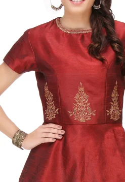 Embroidered Art Silk Peplum Top in Maroon