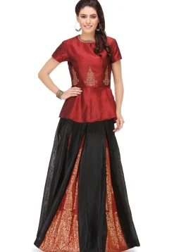 Embroidered Art Silk Peplum Top in Maroon