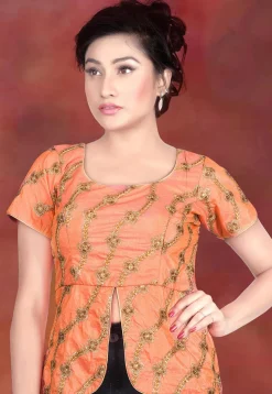 Embroidered Art Silk Peplum Blouse in Peach
