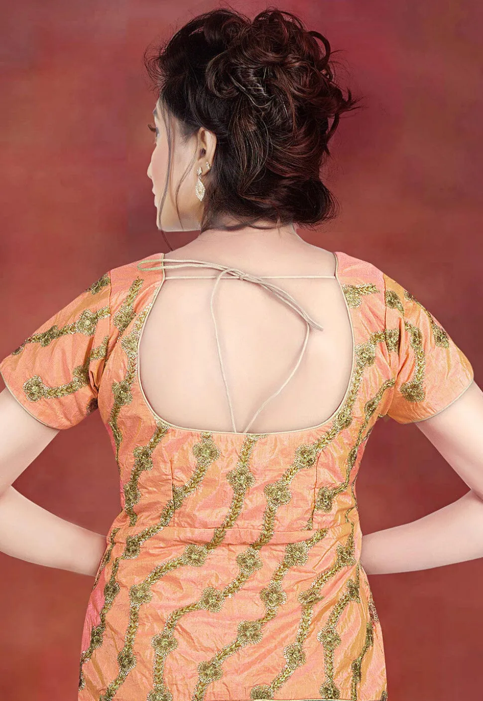 Embroidered Art Silk Peplum Blouse in Peach