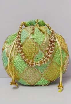Embroidered Art Silk Potli Bag in Light Green