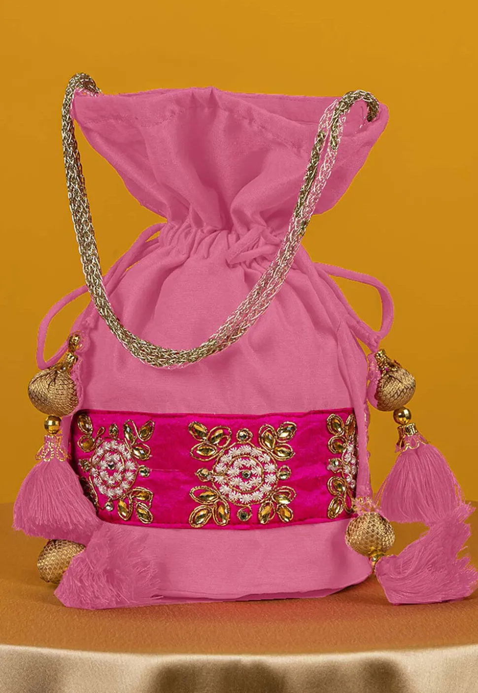 Embroidered Art Silk Potli Bag in Pink