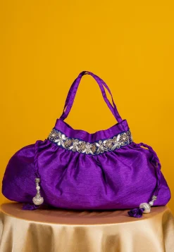 Embroidered Art Silk Potli Bag in Purple