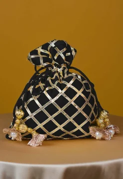 Embroidered Art Silk Potli Bag in Black