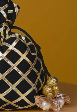 Embroidered Art Silk Potli Bag in Black