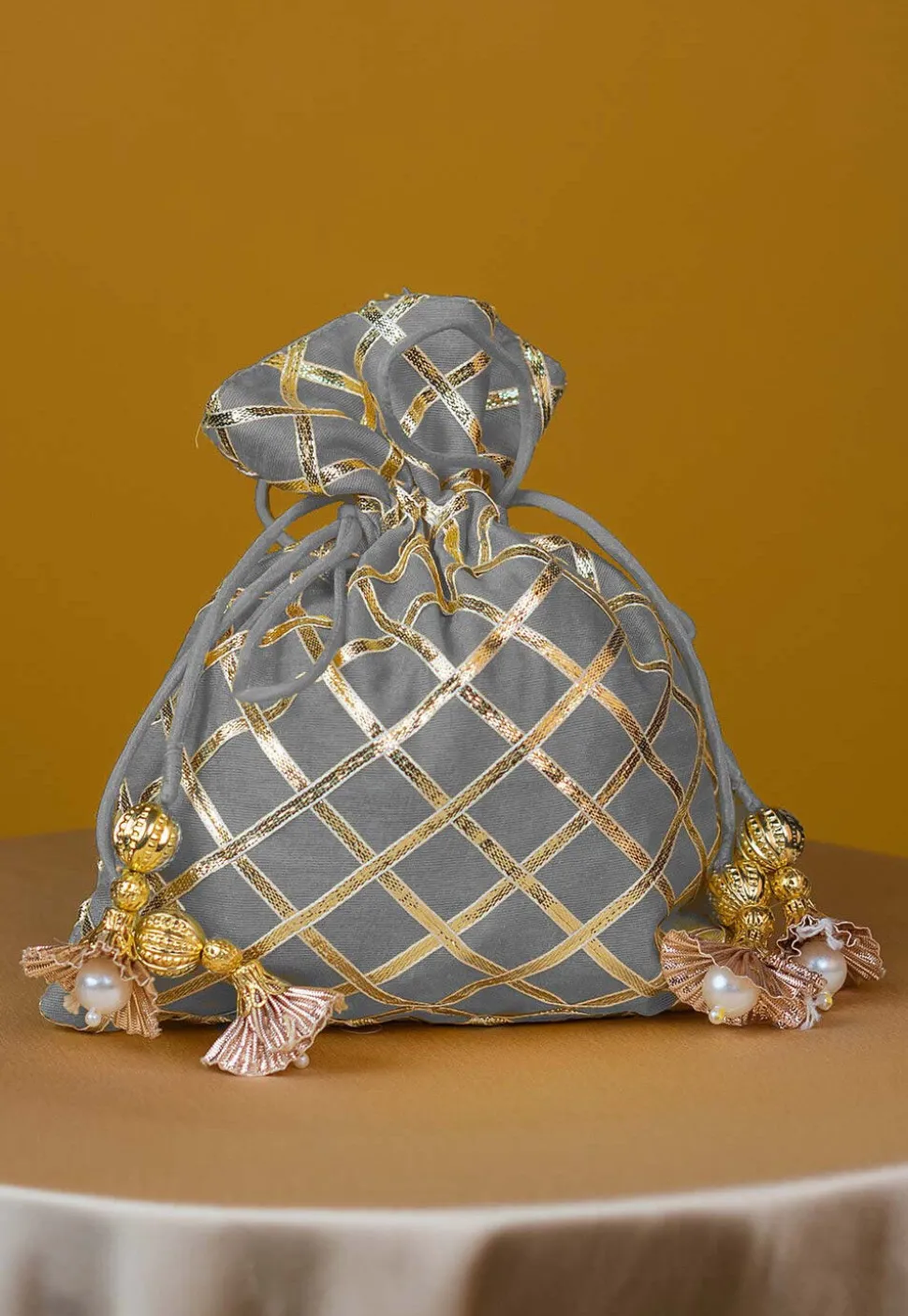 Embroidered Art Silk Potli Bag in Grey