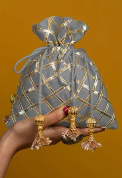 Embroidered Art Silk Potli Bag in Grey