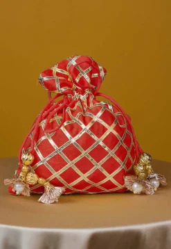 Embroidered Art Silk Potli Bag in Red