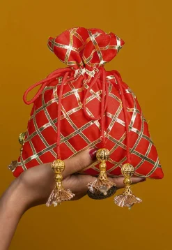 Embroidered Art Silk Potli Bag in Red