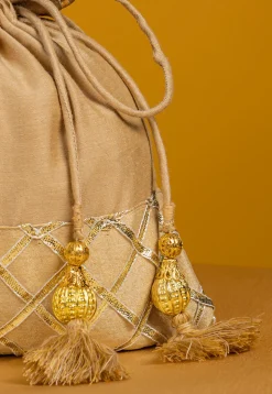 Embroidered Art Silk Potli Bag in Beige