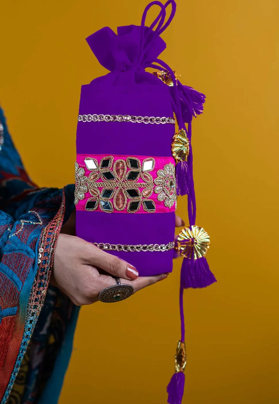 Embroidered Art Silk Potli Bag in Purple