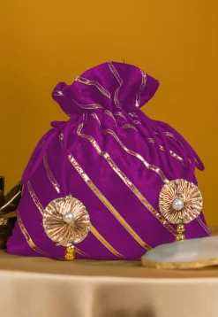 Embroidered Art Silk Potli Bag in Purple