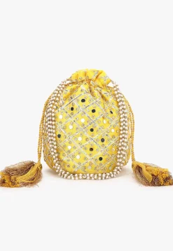 Embroidered Art Silk Potli Bag in Yellow